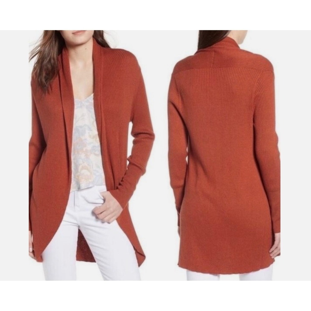 LEITH Ribbed Knit Sweater Duster Open Cardigan Orange Shawl Neckline Women's XS